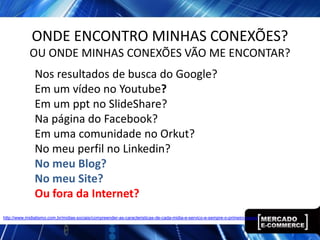 ONDE ENCONTRO MINHAS CONEXÕES?
            OU ONDE MINHAS CONEXÕES VÃO ME ENCONTAR?
               Nos resultados de busca do Google?
               Em um vídeo no Youtube?
               Em um ppt no SlideShare?
               Na página do Facebook?
               Em uma comunidade no Orkut?
               No meu perfil no Linkedin?
               No meu Blog?
               No meu Site?
               Ou fora da Internet?
http://www.midiatismo.com.br/midias-sociais/compreender-as-caracteristicas-de-cada-midia-e-servico-e-sempre-o-primeiro-passo
 