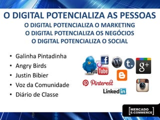 O DIGITAL POTENCIALIZA AS PESSOAS
       O DIGITAL POTENCIALIZA O MARKETING
       O DIGITAL POTENCIALIZA OS NEGÓCIOS
         O DIGITAL POTENCIALIZA O SOCIAL

 •   Galinha Pintadinha
 •   Angry Birds
 •   Justin Bibier
 •   Voz da Comunidade
 •   Diário de Classe
 