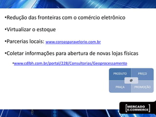 •Redução das fronteiras com o comércio eletrônico

•Virtualizar o estoque

•Parcerias locais: www.coroasparavelorio.com.br

•Coletar informações para abertura de novas lojas físicas
   •www.cdlbh.com.br/portal/228/Consultorias/Geoprocessamento
 
