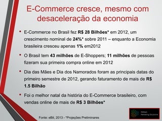 E-Commerce cresce, mesmo com
desaceleração da economia
• E-Commerce no Brasil fez R$ 28 Bilhões* em 2012, um
crescimento nominal de 24%* sobre 2011 – enquanto a Economia
brasileira cresceu apenas 1% em2012
• O Brasil tem 43 milhões de E-Shoppers; 11 milhões de pessoas
fizeram sua primeira compra online em 2012
• Dia das Mães e Dia dos Namorados foram as principais datas do
primeiro semestre de 2012, gerando faturamento de mais de R$
1.5 Bilhão
• Foi o melhor natal da história do E-Commerce brasileiro, com
vendas online de mais de R$ 3 Bilhões*
Fonte: eBit, 2013 - *Projeções Preliminares
 