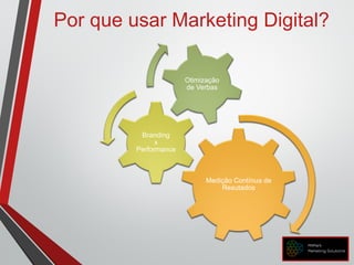 Por que usar Marketing Digital?
Medição Contínua de
Resutados
Branding
x
Performance
Otimização
de Verbas
 