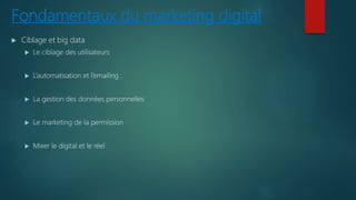 Fondamentaux du marketing digital
 Ciblage et big data
 Le ciblage des utilisateurs
 L’automatisation et l’emailing :
 La gestion des données personnelles
 Le marketing de la permission
 Mixer le digital et le réel
 