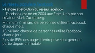 Le réseau populaire Facebook
 Histoire et évolution du réseau Facebook
Facebook est né en 2004 aux États-Unis par son
créateur Mark Zuckerberg.
Minimum 2 milliard de personnes utilisent Facebook
chaque mois.
1,3 Milliard chaque de personnes utilise Facebook
chaque jour.
Plus de 85% des pages d’entreprise sont gerer en
partie depuis un mobile.
 