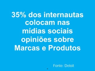 35% dos internautas
   colocam nas
  mídias sociais
  opiniões sobre
 Marcas e Produtos

             Fonte: Deloit
         6
 