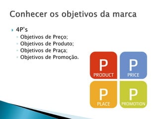 CONHECER OS
OBJETIVOS DA MARCA
Tradicional: 4P’s
• Objetivos de Preço;
• Objetivos de Produto;
• Objetivos de Praça;
• Objetivos de Promoção.
 