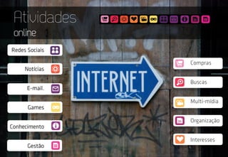 Compras
Buscas
Multi-mídia
Organização
Interesses
Atividades
online
Redes Sociais
Notícias
E-mail.
Games
Conhecimento
Gestão
 