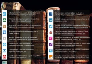 Envolva	
  o	
  seu	
  público	
  no	
  Face	
  book	
  com	
  as	
  
atualizações,	
  e	
  promova	
  a	
  suas	
  histórias	
  
LinkedIn	
  ajuda	
  a	
  gerenciar	
  sua	
  rede	
  proﬁssional	
  de	
  
relacionamentos.	
  
ComparOlhe	
  as	
  noPcias	
  e	
  atualizações	
  no	
  TwiSer,	
  
faça	
  uso	
  de	
  hashtags	
  para	
  maximizar	
  seu	
  alcance	
  
Tenha	
  um	
  canal	
  a	
  sua	
  disposição	
  onde	
  você	
  pode	
  
ter,	
  tutoriais	
  de	
  produtos,	
  testemunhais,	
  etc.	
  
E-­‐mail	
  markeOng	
  é	
  uma	
  ferramenta	
  	
  que	
  impulsiona	
  
vendas,	
  relacionamentos,	
  noPcias,	
  etc.	
  
Permita	
  que	
  seus	
  clientes	
  registrem-­‐se	
  em	
  seu	
  web-­‐
site	
  para	
  obter	
  informações	
  e	
  privilégios	
  
Disponibilize	
  aplicaOvos	
  que	
  ampliem	
  facilidades	
  e	
  
experiências	
  para	
  o	
  seu	
  público.	
  
AnalyOcs	
  para	
  medir	
  e	
  monitorar,	
  comportamento	
  e	
  
resultados,	
  e	
  poder	
  realizar	
  os	
  ajustes	
  necessários	
  
Estratégias	
  de	
  Mídia	
  Social	
  -­‐	
  deﬁna	
  objeOvos	
  e	
  
ferramentas	
  necessárias	
  para	
  alcançá-­‐las	
  
Tutoriais,	
  reportagens,	
  depoimentos;	
  explore	
  
ao	
  máximo	
  materiais	
  audiovisuais.	
  
News	
  leSer	
  com	
  informações	
  relevantes	
  de	
  seu	
  
negócio	
  e	
  de	
  interesse	
  de	
  seu	
  público	
  
Sistemas	
  de	
  localização,	
  ajude	
  as	
  pessoas	
  a	
  
chegar	
  até	
  você	
  
web	
  site	
  para	
  aplicação	
  mobile,	
  melhora	
  a	
  
experiência	
  para	
  as	
  pessoas	
  em	
  movimento	
  
Tenha	
  seu	
  site	
  como	
  ponto	
  ﬁnal	
  de	
  
convergência	
  de	
  todo	
  o	
  tráfego	
  online	
  
Landing	
  Pages	
  e	
  hot	
  sites	
  para	
  ofertas	
  
especiais,	
  promoções,	
  etc.	
  
Search	
  Engine	
  OpOmizaOon	
  -­‐	
  Ajude	
  seu	
  público	
  
a	
  encontrar	
  o	
  que	
  procura.	
  
 