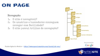 Apoio
ON PAGE
Navegação
1. O site é navegável?
2. Os usuários e buscadores conseguem
navegar com facilidade?
3. O site possui trilhas de navegação?
Fonte: Agência Mestre - http://www.agenciamestre.com/checklist-seo/
 