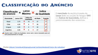 Apoio
Classificação do Anúncio
O resultado da multiplicação do
lance dado no leilão do Google (CPC)
e o Índice de Qualidade, define o
posicionamento dos anúncios.
Fonte: https://events.withgoogle.com/partnerweekend/sala-de-estudos/
 