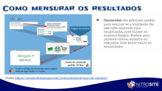 Apoio
Como mensurar os resultados
★ Conversões são métricas usadas
para avaliar se o visitante fez
uma ação esperada pelo
anunciante, após clicar no
anúncio Google. Mostra qual
palavra-chave, anúncio ou
campanha leva maior valor ao
anunciante.
Fonte: https://events.withgoogle.com/partnerweekend/sala-de-estudos/
 