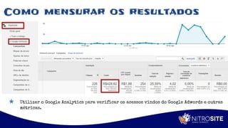 Apoio
Como mensurar os resultados
★ Utilizar o Google Analytics para verificar os acessos vindos do Google Adwords e outras
métricas.
 