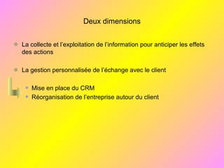 Deux dimensions
La collecte et l’exploitation de l’information pour anticiper les effets
des actions
La gestion personnalisée de l’échange avec le client
Mise en place du CRM
Réorganisation de l’entreprise autour du client
 