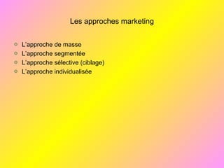 Les approches marketing
L’approche de masse
L’approche segmentée
L’approche sélective (ciblage)
L’approche individualisée
 