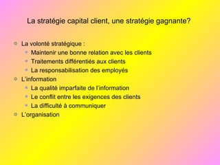 La stratégie capital client, une stratégie gagnante?
La volonté stratégique :
Maintenir une bonne relation avec les clients
Traitements différentiés aux clients
La responsabilisation des employés
L’information
La qualité imparfaite de l’information
Le conflit entre les exigences des clients
La difficulté à communiquer
L’organisation
 