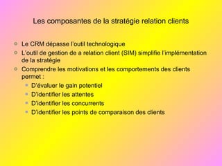 Les composantes de la stratégie relation clients
Le CRM dépasse l’outil technologique
L’outil de gestion de a relation client (SIM) simplifie l’implémentation
de la stratégie
Comprendre les motivations et les comportements des clients
permet :
D’évaluer le gain potentiel
D’identifier les attentes
D’identifier les concurrents
D’identifier les points de comparaison des clients
 