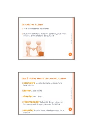 IUTInfo-Com1èreannée
LE CAPITAL CLIENT
= la connaissance des clients
Plus vous échangez avec vos contacts, plus vous
obtenez d’informations de leur part
35
IUTInfo-Com1èreannée
LES 5 TEMPS FORTS DU CAPITAL CLIENT
connaître ses clients via la gestion d’une
base clients
parler à ses clients
écouter ses clients
récompenser la fidélité de ses clients en
leur proposant des programmes de fidélité
associer les clients au développement de la
marque
36
 