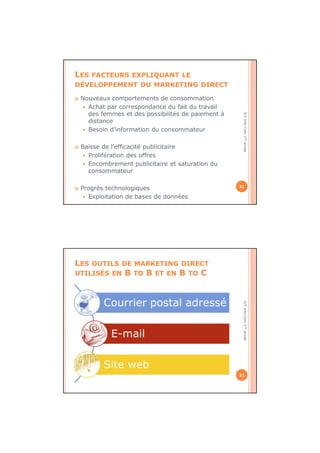 IUTInfo-Com1èreannée
LES FACTEURS EXPLIQUANT LE
DÉVELOPPEMENT DU MARKETING DIRECT
Nouveaux comportements de consommation
Achat par correspondance du fait du travail
des femmes et des possibilités de paiement à
distance
Besoin d’information du consommateur
Baisse de l’efficacité publicitaire
Prolifération des offres
Encombrement publicitaire et saturation du
consommateur
Progrès technologiques
Exploitation de bases de données
21
IUTInfo-Com1èreannée
LES OUTILS DE MARKETING DIRECT
UTILISÉS EN B TO B ET EN B TO C
22
Courrier postal adressé
E-mail
Site web
 
