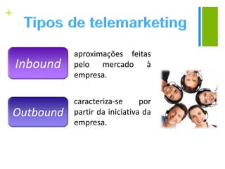 +
Inbound
aproximações feitas
pelo mercado à
empresa.
Outbound
caracteriza-se por
partir da iniciativa da
empresa.
 