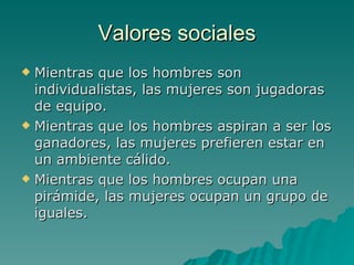 Valores sociales Mientras que los hombres son individualistas, las mujeres son jugadoras de equipo. Mientras que los hombres aspiran a ser los ganadores, las mujeres prefieren estar en un ambiente cálido. Mientras que los hombres ocupan una pirámide, las mujeres ocupan un grupo de iguales. 