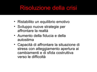 Risoluzione della crisi 
• Ristabilito un equilibrio emotivo 
• Sviluppo nuove strategie per 
affrontare la realtà 
• Aumento della fiducia e della 
autostima 
• Capacità di affrontare la situazione di 
stress con atteggiamento apertura ai 
cambiamenti e di sfida costruttiva 
verso le difficoltà 
 