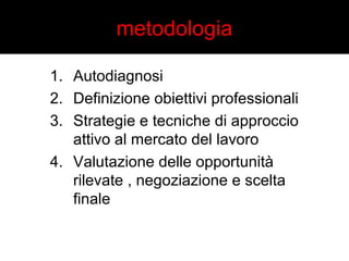 metodologia 
1. Autodiagnosi 
2. Definizione obiettivi professionali 
3. Strategie e tecniche di approccio 
attivo al mercato del lavoro 
4. Valutazione delle opportunità 
rilevate , negoziazione e scelta 
finale 
 