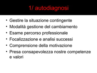 1/ autodiagnosi 
• Gestire la situazione contingente 
• Modalità gestione del cambiamento 
• Esame percorso professionale 
• Focalizzazione e analisi successi 
• Comprensione della motivazione 
• Presa consapevolezza nostre competenze 
e valori 
 