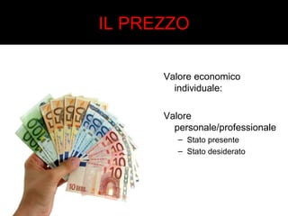 IL PREZZO 
Valore economico 
individuale: 
Valore 
personale/professionale 
– Stato presente 
– Stato desiderato 
 