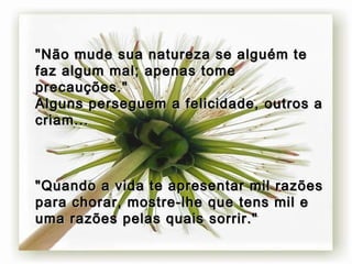 "Não mude sua natureza se alguém teNão mude sua natureza se alguém te
faz algum mal; apenas tomefaz algum mal; apenas tome
precauções."precauções."
Alguns perseguem a felicidade, outros aAlguns perseguem a felicidade, outros a
criam...criam...
"Quando a vida te apresentar mil razões"Quando a vida te apresentar mil razões
para chorar, mostre-lhe que tens mil epara chorar, mostre-lhe que tens mil e
uma razões pelas quais sorrir."uma razões pelas quais sorrir."
 
