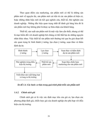 Theo quan điểm của marketing, sản phẩm mới có thể là những sản
phẩm mới về nguyên tắc, sản phẩm mới cải tiến từ các sản phẩm cũ hiện có,
hoặc những nhãn hiệu mới do kết quả nghiên cứu, thiết kế, thử nghiệm của
doanh nghiệp.. Những dấu hiệu quan trọng nhất để đánh giá hàng hóa đó là
sản phẩm mới hay không phải là được sự thừa nhận của khách hàng.
Thiết kế, sản xuất sản phẩm mới là một việc làm cần thiết, nhưng có thể
là mạo hiểm đối với doanh nghiệp bởi chúng có thể thất bại do những nguyên
nhân khác nhau. Việc thiết kế sản phẩm mới thường trải qua ba giai đoạn hết
sức quan trọng là: hình thành ý tưởng, lựa chọn ý tưởng, soạn thảo và thẩm
định dự án.
Sơ đồ 1.4. Các bước cơ bản trong quá trình phát triển sản phẩm mới
1.4.2. Chính sách giá
Chính sách giá cả là việc xác định mục tiêu của giá cả, lựa chọn các
phương pháp định giá, chiến lược giá của doanh nghiệp cho phù hợp với điều
kiện của thị trường.
28
Hình thành
ý tưởng
Triển khai sản xuất hàng loạt
và tung ra thị trường
Thử nghiệm trong điều
kiện thị trường
Thiết kế sản
phẩm mới
Soạn thảo và thẩm định
dự án sản phẩm mới
Lựa chọn
ý tưởng
Soạn thảo chiến lược
marketing cho sản phẩm mới
 