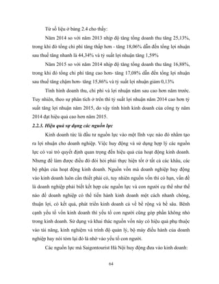 Từ số liệu ở bảng 2.4 cho thấy:
Năm 2014 so với năm 2013 nhịp độ tăng tổng doanh thu tăng 25,13%,
trong khi đó tổng chi phí tăng thấp hơn - tăng 18,06% dẫn đến tổng lợi nhuận
sau thuế tăng nhanh là 44,34% và tỷ suất lợi nhuận tăng 1,59%
Năm 2015 so với năm 2014 nhịp độ tăng tổng doanh thu tăng 16,88%,
trong khi đó tổng chi phí tăng cao hơn- tăng 17,08% dẫn đến tổng lợi nhuận
sau thuế tăng chậm hơn- tăng 15,86% và tỷ suất lợi nhuận giảm 0,13%
Tình hình doanh thu, chi phí và lợi nhuận năm sau cao hơn năm trước.
Tuy nhiên, theo sự phân tích ở trên thì tỷ suất lợi nhuận năm 2014 cao hơn tỷ
suất tăng lợi nhuận năm 2015, do vậy tình hình kinh doanh của công ty năm
2014 đạt hiệu quả cao hơn năm 2015.
2.2.3. Hiệu quả sự dụng các nguồn lực
Kinh doanh tức là đầu tư nguồn lực vào một lĩnh vực nào đó nhằm tạo
ra lợi nhuận cho doanh nghiệp. Việc huy động và sử dụng hợp lý các nguồn
lực có vai trò quyết định quan trọng đến hiệu quả của hoạt động kinh doanh.
Nhưng để làm được điều đó đòi hỏi phải thực hiện tốt ở tất cả các khâu, các
bộ phận của hoạt động kinh doanh. Nguồn vốn mà doanh nghiệp huy động
vào kinh doanh luôn cần thiết phải có, tuy nhiên nguồn vốn thì có hạn, vấn đề
là doanh nghiệp phải biết kết hợp các nguồn lực và con người cụ thể như thế
nào để doanh nghiệp có thể tiến hành kinh doanh một cách nhanh chóng,
thuận lợi, có kết quả, phát triển kinh doanh cả về bề rộng và bề sâu. Bênh
cạnh yếu tố vốn kinh doanh thì yếu tố con người cũng góp phần không nhỏ
trong kinh doanh. Sử dụng và khai thác nguồn vốn này có hiệu quả phụ thuộc
vào tài năng, kinh nghiệm và trình độ quản lý, bộ máy điều hành của doanh
nghiệp hay nói tóm lại đó là nhờ vào yếu tố con người.
Các nguồn lực mà Saigontourist Hà Nội huy động đưa vào kinh doanh:
64
 
