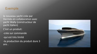 le nouveau yacht crée par
Hermès en collaboration avec
yacht Wally (constructeur de
yacht italien)
C’est un produit:
-crée sur commande
-qui est très limité
-la production du produit dure 3
ans .
Exemple:
 