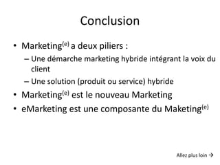 Nike+iPodThe Nike+iPod il s’agit d’un kit de sport composé d’un pédomètre qui s’insère dans des chaussures de sport Nike spéciales et un récepteur qui s’insère dans un ipod.L’activité physique est enregistré sur l’iPod et dès sa connexion sur un ordinateur les informations collectées sont chargées sur le site de Nike+ pour permettre une analyse et une comparaison avec d’autres utilisateurs.Idée à retenir: Nike et Apple ont créé une offre hybride (Objets réels + logiciel + Communauté sur internet) ce qui génère des nouveaux usages et une amélioration de la satisfaction client.http://www.apple.com/ipod/nike/