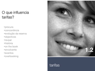 O que inﬂuencia
tarifas?
•procura
•concorrência
•evolução da reserva
•objectivos
•revpar
•história
•on the book
•envolvente
•eventos
•overbooking

1.2
tarifas

 