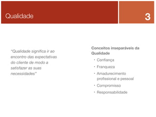 3

Qualidade

“Qualidade signiﬁca ir ao
encontro das expectativas
do cliente de modo a
satisfazer as suas
necessidades”

Conceitos inseparáveis da
Qualidade


Conﬁança



Franqueza



Amadurecimento
proﬁssional e pessoal



Compromisso



Responsabilidade

 