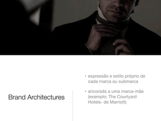 • expressão e estilo próprio de
cada marca ou submarca

Brand Architectures

• ancorada a uma marca-mãe
(exemplo: The Courtyard
Hotels- de Marriott)

 