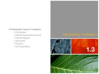 •A ﬁdelização requer 6 estágios:
• Comprador
• Cliente Eventual/Ocasional
• Cliente Regular
• Associado
• Parceiro
• Co-Proprietário

Marketing Hoteleiro

1.3

 