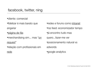 facebook, twitter, ning
cliente: comercial
ﬁdelizar é mais barato que
angariar
página de fãs
merchandising sim... mas “on
request”
relação com proﬁssionais em
rede

redes e foruns como intranet
rss feed: economizador tempo
já encontro tudo mas
quero...fazer-me ver
posicionamento natural vs
adwords
google analytics

© th2: Workshop Hotels & Travel 2.0, Abril 2010

 