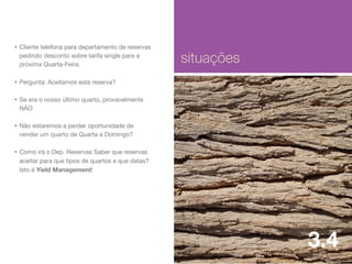 • Cliente telefona para departamento de reservas
pedindo desconto sobre tarifa single para a
próxima Quarta-Feira.

situações

• Pergunta: Aceitamos esta reserva?
• Se era o nosso último quarto, provavelmente
NÃO

• Não estaremos a perder oportunidade de
vender um quarto de Quarta a Domingo?

• Como irá o Dep. Reservas Saber que reservas
aceitar para que tipos de quartos e que datas?
Isto é Yield Management!

3.4

 