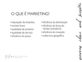 •reputação da empresa,	

•market share	

•qualidade de produto	

•qualidade de serviço	

•eﬁciência do preço	

•eﬁciência da distribuição	

•eﬁciência da força de
vendas (salesforce)	

•eﬁciência da inovação	

•cobertura geográﬁca
O QUE É MARKETING?
 