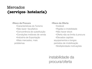 •Risco da Procura

•Características do Turismo

•Não-lazer- facultativo

•Concorrência de substituição

•Condições instáveis de venda

•Indústria de Exportação

•Mais mercados, mais
problemas

!
•Risco da Oferta

•Instável

•Rigidez e imobilidade

•Não haver stock

•Oferta não se limita à procura

•Elevados capitais
equipamentos e longos
períodos de imobilização

•Multiplicidade motivações
Mercados
(serviços- hotelaria)
2.1
instabilidade da
procura/oferta
 