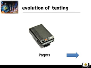 evolution of texting




       Pagers
 