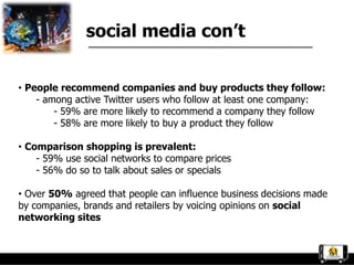 social media con’t


• People recommend companies and buy products they follow:
    - among active Twitter users who follow at least one company:
        - 59% are more likely to recommend a company they follow
        - 58% are more likely to buy a product they follow

• Comparison shopping is prevalent:
    - 59% use social networks to compare prices
    - 56% do so to talk about sales or specials

• Over 50% agreed that people can influence business decisions made
by companies, brands and retailers by voicing opinions on social
networking sites
 