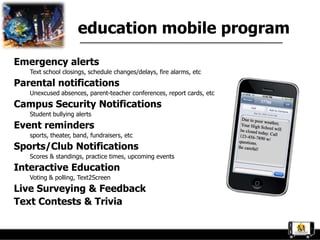 education mobile program
Emergency alerts
   Text school closings, schedule changes/delays, fire alarms, etc
Parental notifications
   Unexcused absences, parent-teacher conferences, report cards, etc
Campus Security Notifications
   Student bullying alerts
Event reminders
   sports, theater, band, fundraisers, etc
Sports/Club Notifications
   Scores & standings, practice times, upcoming events
Interactive Education
   Voting & polling, Text2Screen
Live Surveying & Feedback
Text Contests & Trivia
 