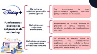 Son instrumentos de venta
particularmente agresivos, utilizados
para penetrar en los mercados.
Herramientas de análisis, métodos de
previsión de ventas, modelos de
simulación y estudios de investigación de
mercado.
Un sistema de mercado donde los
individuos son comercialmente
explotados por los vendedores, busca
crear continuamente nuevas necesidades
para poder vender mas y mas.
Fundamentos
ideológicos
del proceso de
marketing
Marketing es
publicidad, promoción
y venta agresiva
Marketing es un
conjunto de
herramientas
Marketing es promotor
y arquitecto de la
sociedad de consumo
 
