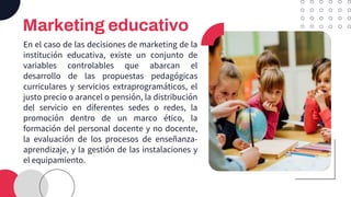Marketing educativo
En el caso de las decisiones de marketing de la
institución educativa, existe un conjunto de
variables controlables que abarcan el
desarrollo de las propuestas pedagógicas
curriculares y servicios extraprogramáticos, el
justo precio o arancel o pensión, la distribución
del servicio en diferentes sedes o redes, la
promoción dentro de un marco ético, la
formación del personal docente y no docente,
la evaluación de los procesos de enseñanza-
aprendizaje, y la gestión de las instalaciones y
el equipamiento.
 