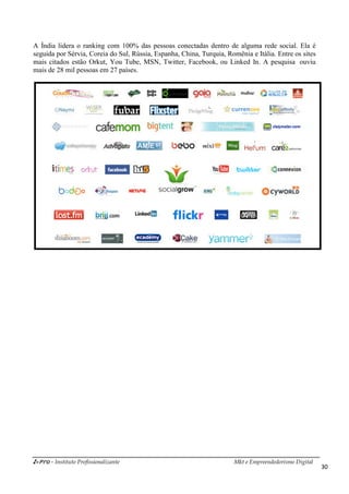 i-Pro - Instituto Profissionalizante Mkt e Empreendedorismo Digital
30
A Índia lidera o ranking com 100% das pessoas conectadas dentro de alguma rede social. Ela é
seguida por Sérvia, Coreia do Sul, Rússia, Espanha, China, Turquia, Romênia e Itália. Entre os sites
mais citados estão Orkut, You Tube, MSN, Twitter, Facebook, ou Linked In. A pesquisa ouviu
mais de 28 mil pessoas em 27 países.
 
