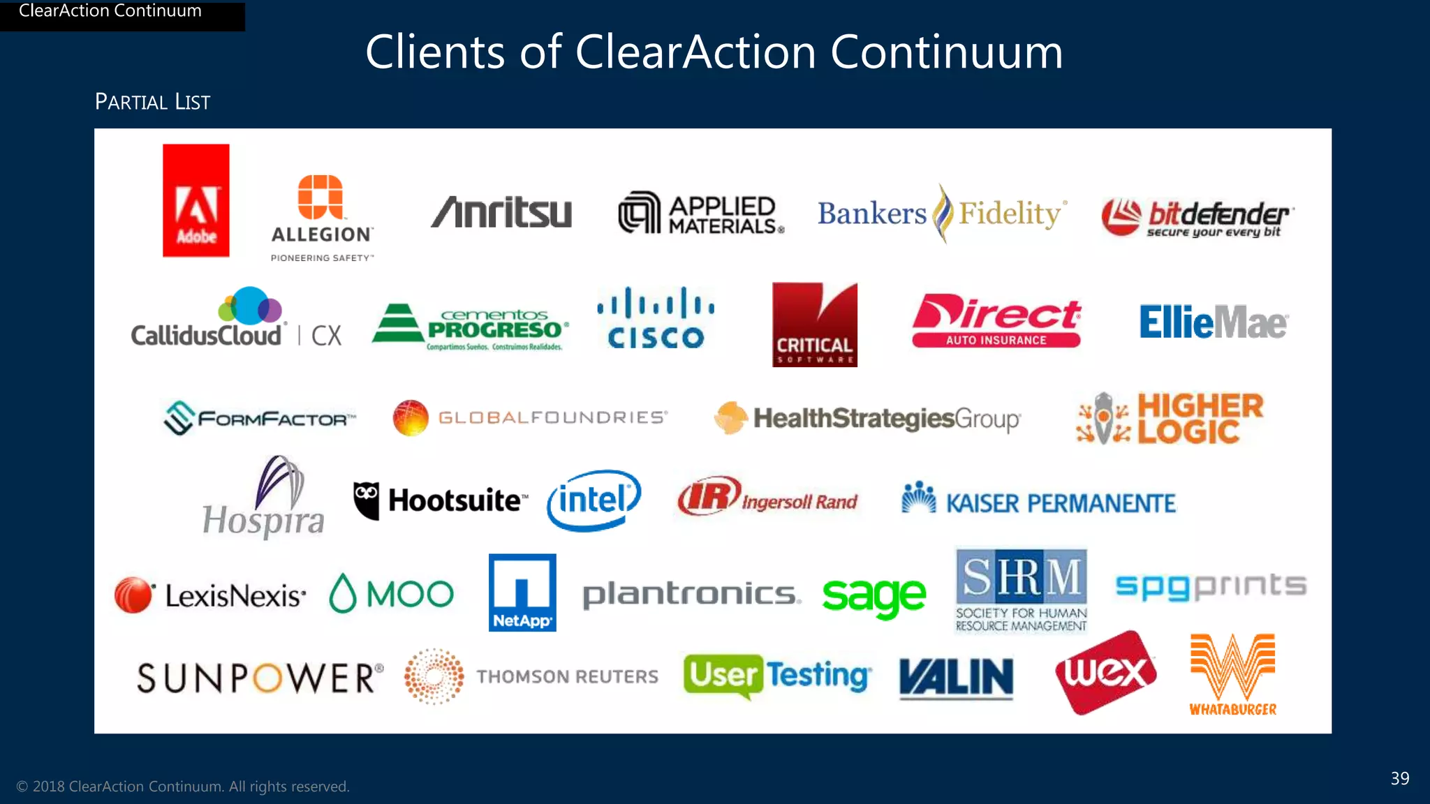 ClearAction Continuum
3939© 2018 ClearAction Continuum. All rights reserved.
ClearAction Continuum
Clients of ClearAction Continuum
PARTIAL LIST
 