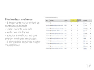 Monitorizar, melhorar
- é importante variar o tipo de
conteúdo publicado
- testar durante um mês
- avaliar os resultados
- adoptar e melhorar os que
tiveram melhores resultados
- é obrigatório seguir os insights
mensalmente
 