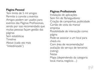 Página Pessoal
Tem limite de 5 mil amigos
Permite o convite a eventos
Amigos podem ser usados para
eventos das Páginas Proﬁssionais,
sendo por isso recomendado que
muitas pessoas façam gestão das
páginas
Sem estatísticas
Timeline
About (cada vez mais
“linkedinizada”)
Páginas Proﬁssionais
Instalação de aplicações
Sem ﬁm de fãs/seguidores
Criação de campanhas, publicidade
Cartão de visita da marca/
empresa
Possibilidade de interacção como
página
Pode-se associar a um local para
check-ins
Com área de recomendação/
avaliação do serviço de terceiros
(rating)
Notas
Mapa (dependendo da categoria:
local, marca, negócio…)
 