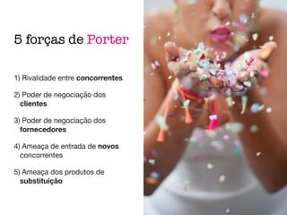 5 forças de Porter
1) Rivalidade entre concorrentes

2) Poder de negociação dos
clientes

3) Poder de negociação dos
fornecedores

4) Ameaça de entrada de novos
concorrentes

5) Ameaça dos produtos de
substituição
 